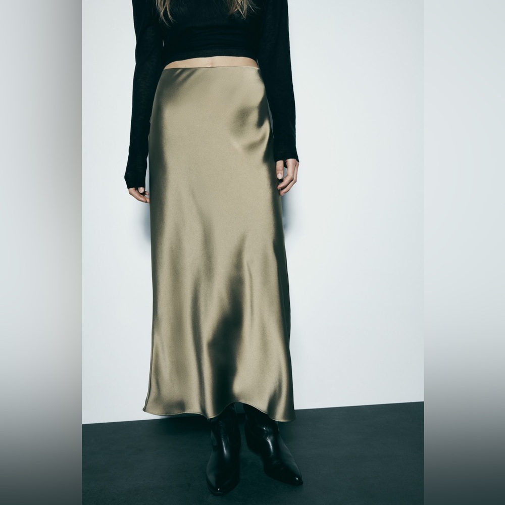 Zara olive green silk satin skirt - size small